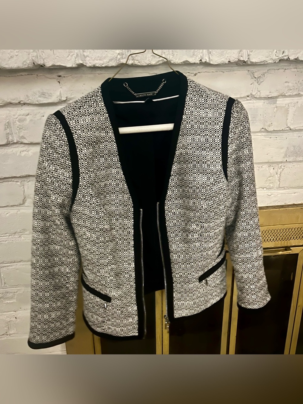 White House Black Market Black & White Tweed Zip-Front Cropped Blazer Jacket 2